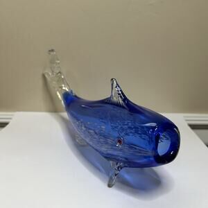 Art Glass Fish Handblown Shark Open Mouth Hollow Blue Red Eyes Sculpture